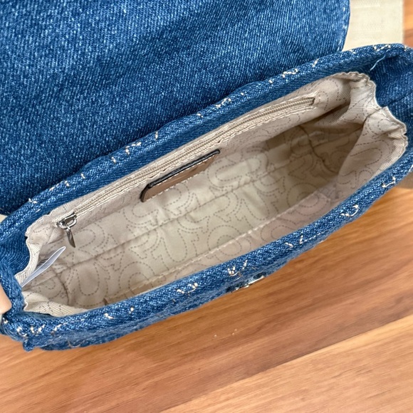 TRUE RELIGION Denim Quilted Horseshoe Wide Strap Coin Purse Flap Crossbody Bag - Picture 13 of 16